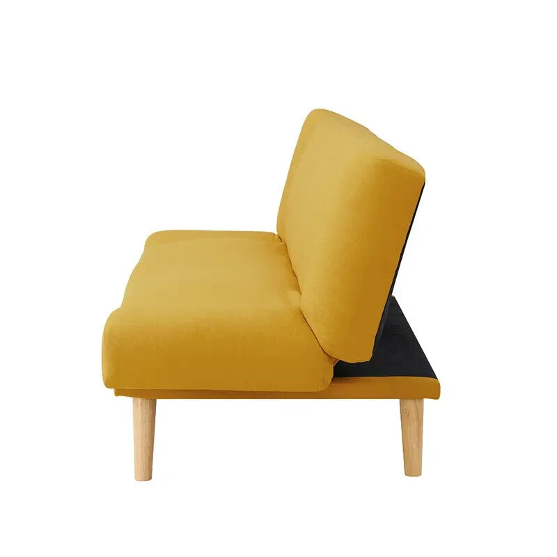 Mustard Yellow 3 Seater Click Clack Sofa Bed Cushions Modern Wood Legs