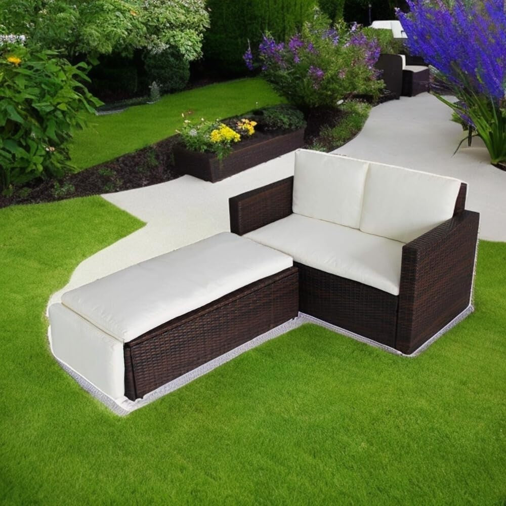 Brown 2-Seater Rattan Outdoor Lovebed with Cushions & Adjustable Footstool