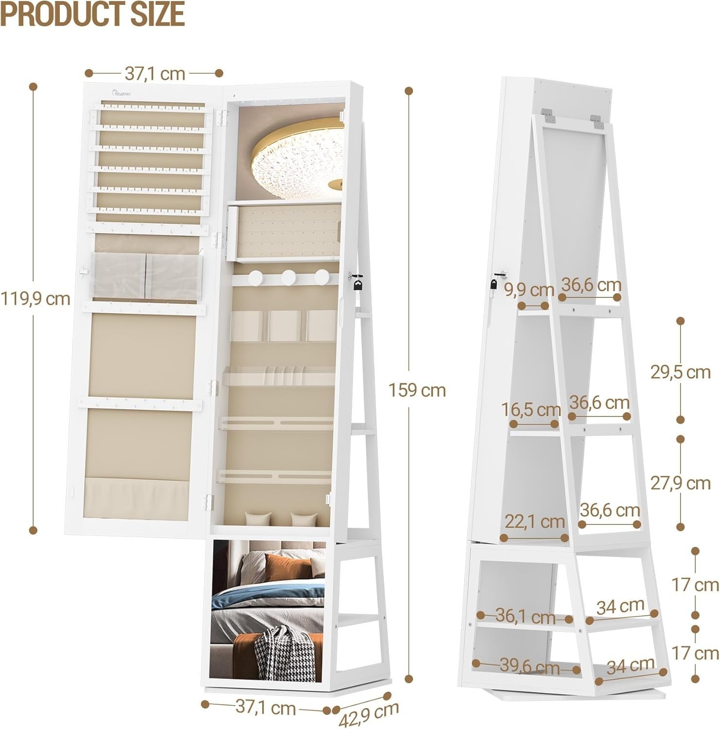 360° Rotating Mirror Jewellery Cabinet Lockable LED Storage Organizer