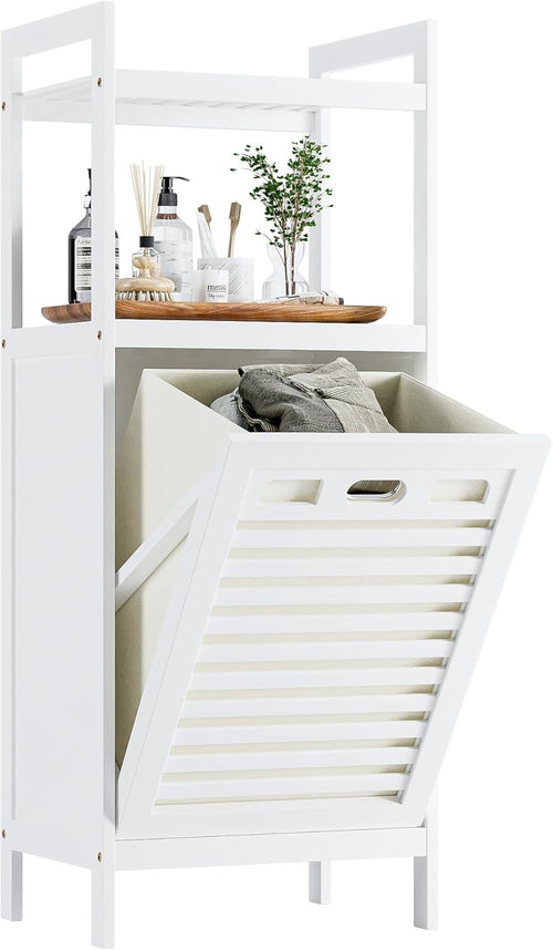 White Bamboo Tilt-Out Laundry Hamper with Shelves, Foldable Bag | 30×40×100cm