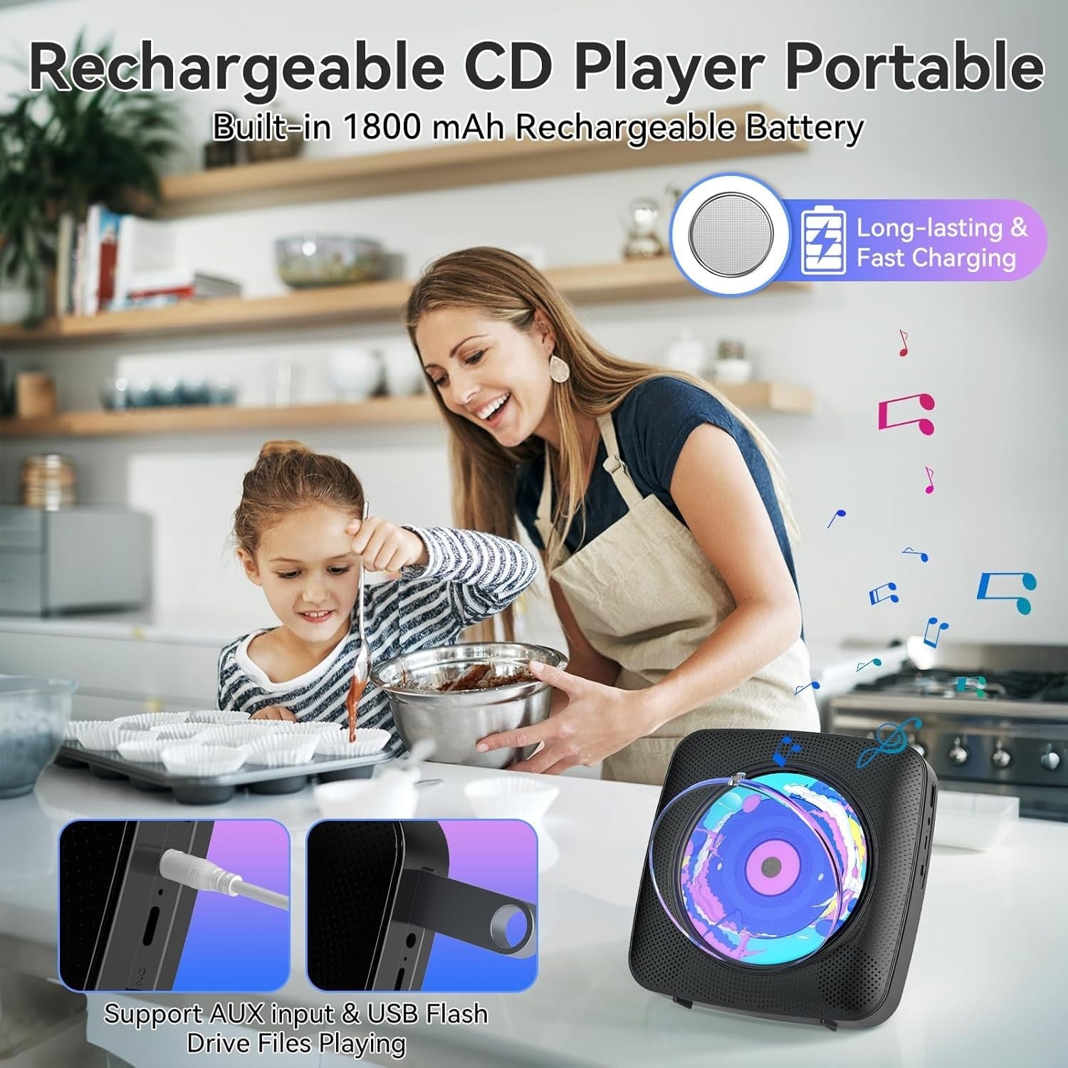 Portable CD Player Bluetooth Speakers FM Radio USB AUX Remote Black
