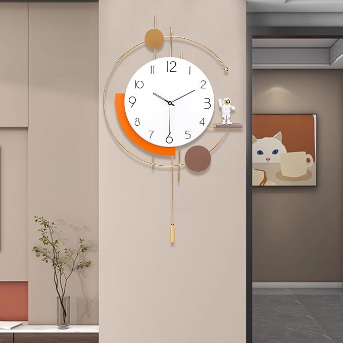 Modern Large Wall Clock 19in Silent Non-Ticking Gold Pendulum Clock Decor
