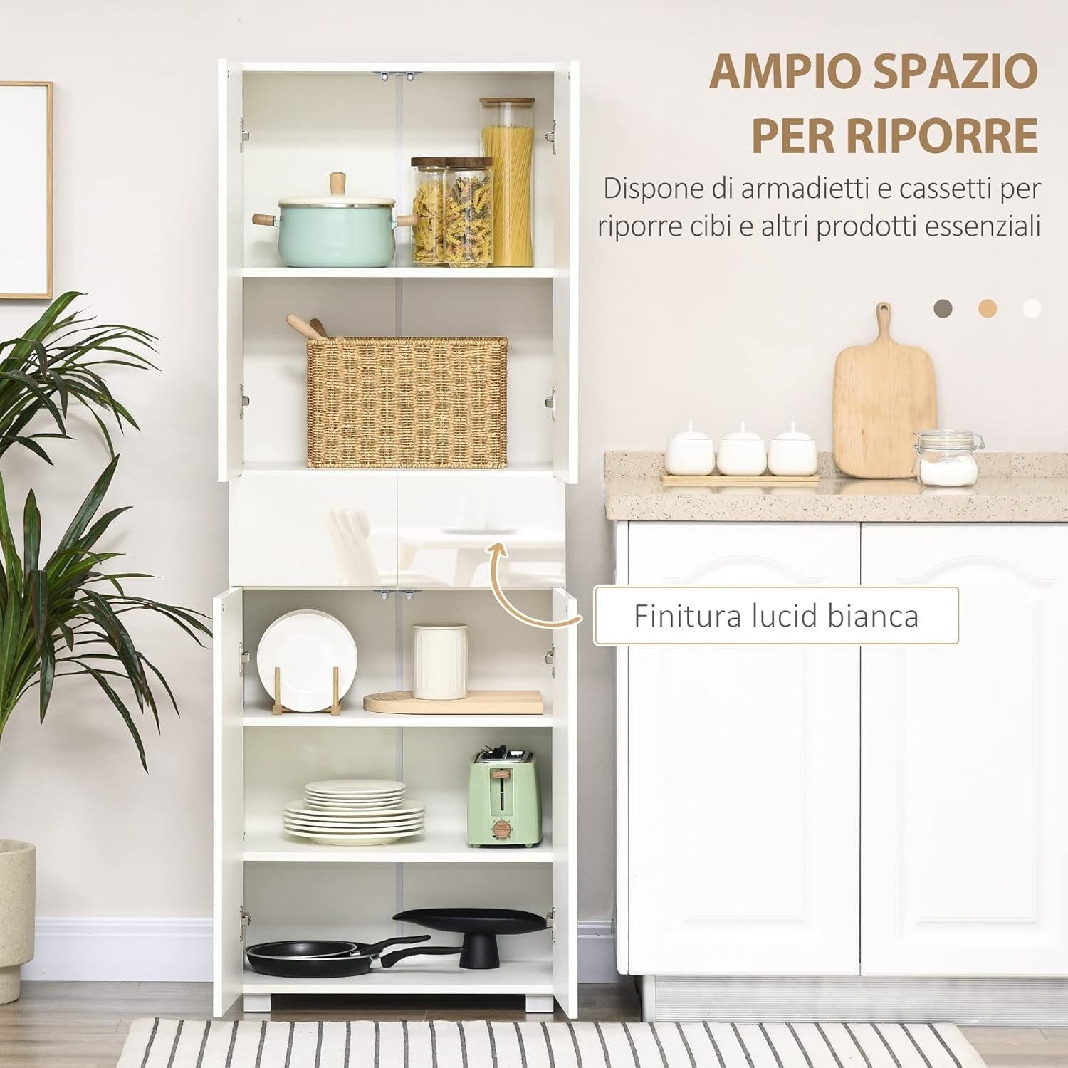 White Tall Kitchen Cupboard 170cm 4-Door Storage Cabinet Drawers Shelves