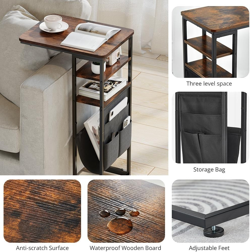 Retro Brown C-Shaped End Table 3-Tier Storage Slim Sofa Side Table Durable