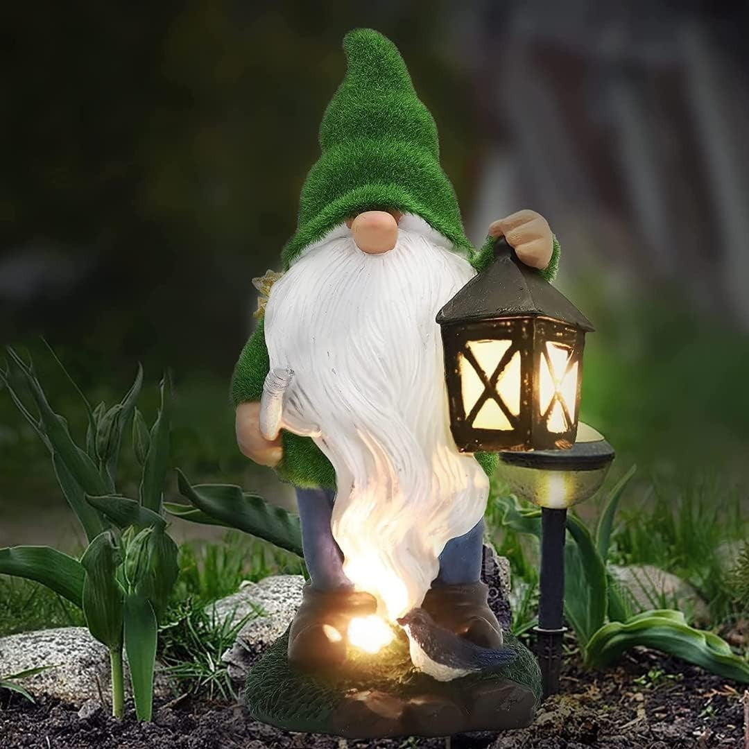 Solar Gnome Ranger Garden Statue Outdoor LED Resin Figurine Patio Lawn Decor