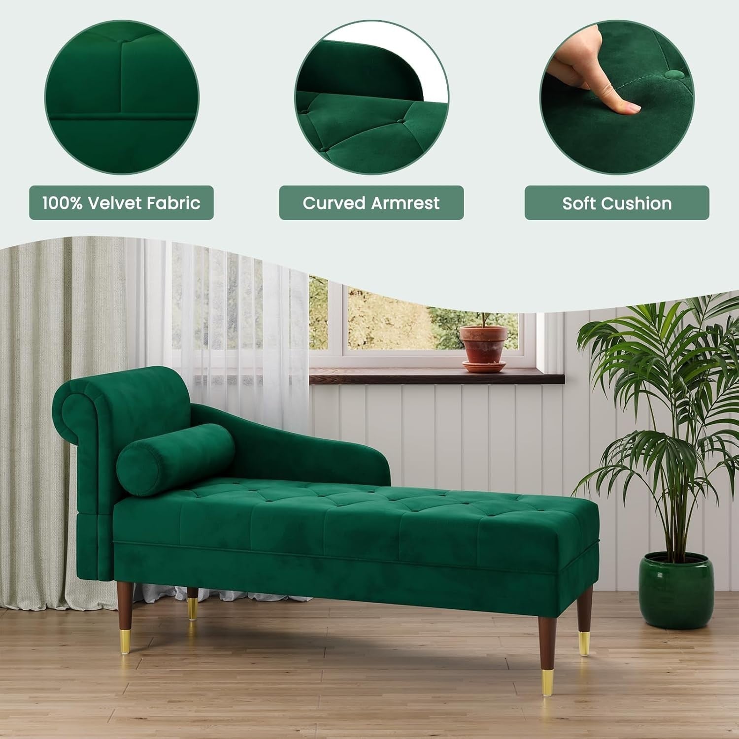 Velvet Chaise Lounge Sofa Green Left Armrest + Pillow Compact & Stylish