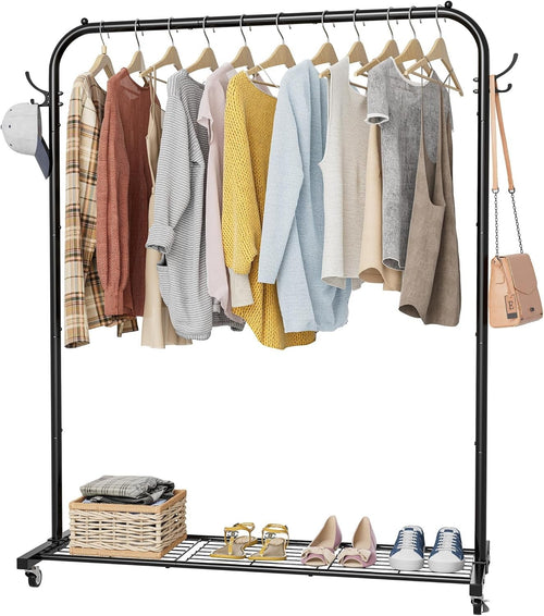 Portable Clothes Rail on Wheels 40KG Rack With Shelf & Hooks Black