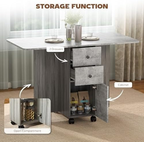 Folding Drop Leaf Dining Table on Wheels with Storage Drawers Cabinet Grey