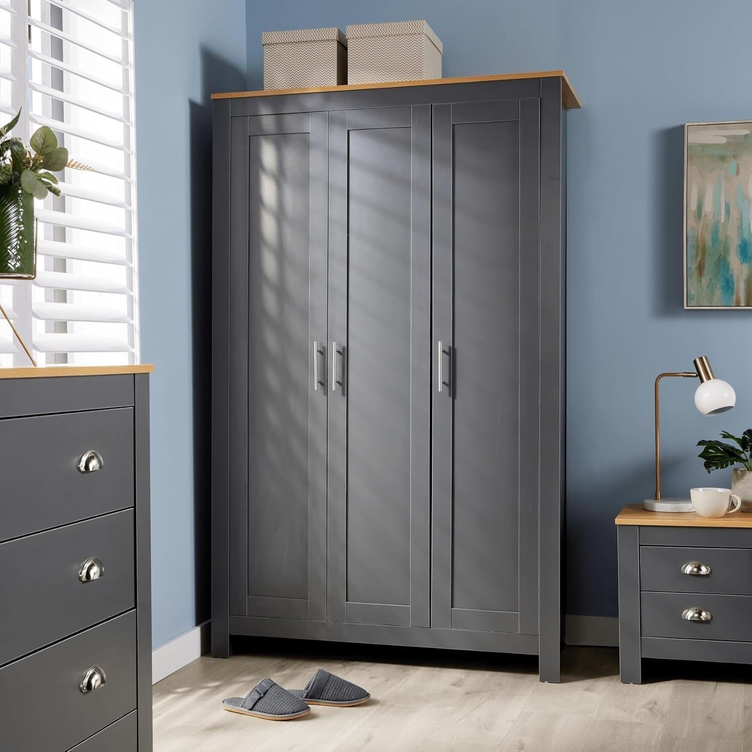 3 Door Dark Grey Wardrobe with Hanging Rail & 5 Shelves for Clothes
