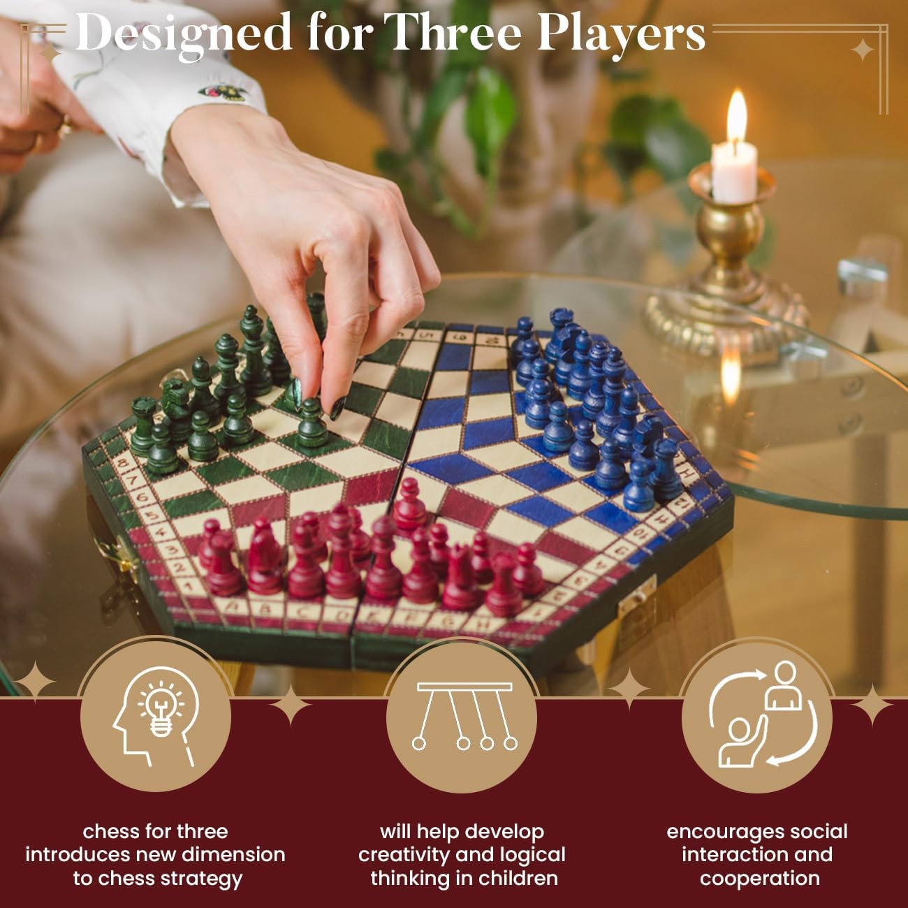 3-Player Wooden Travel Chess Set Hexagonal Board 28×33cm Handcrafted Game