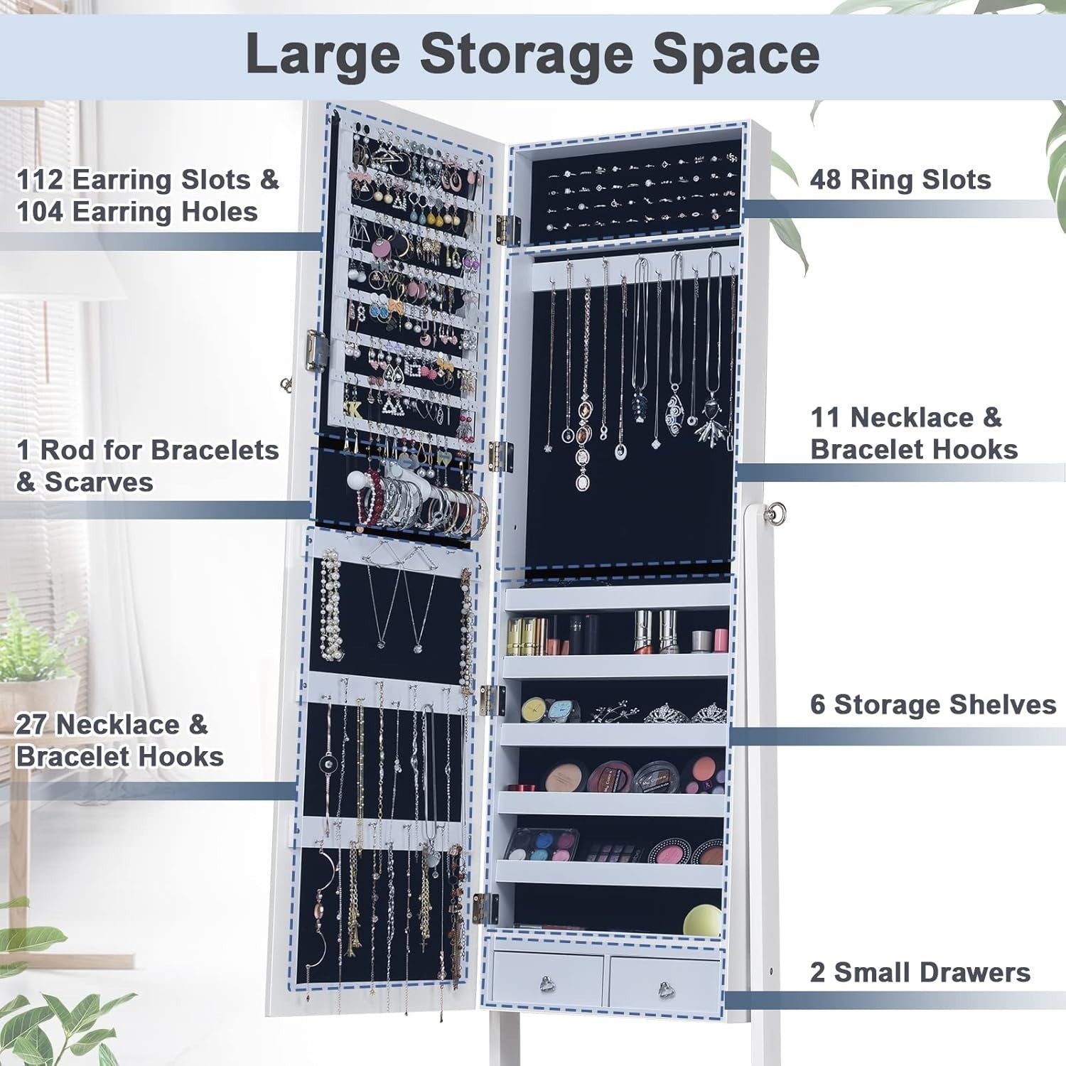 White Standing Jewelry Organizer Mirror Lockable Armoire Adjustable Angle