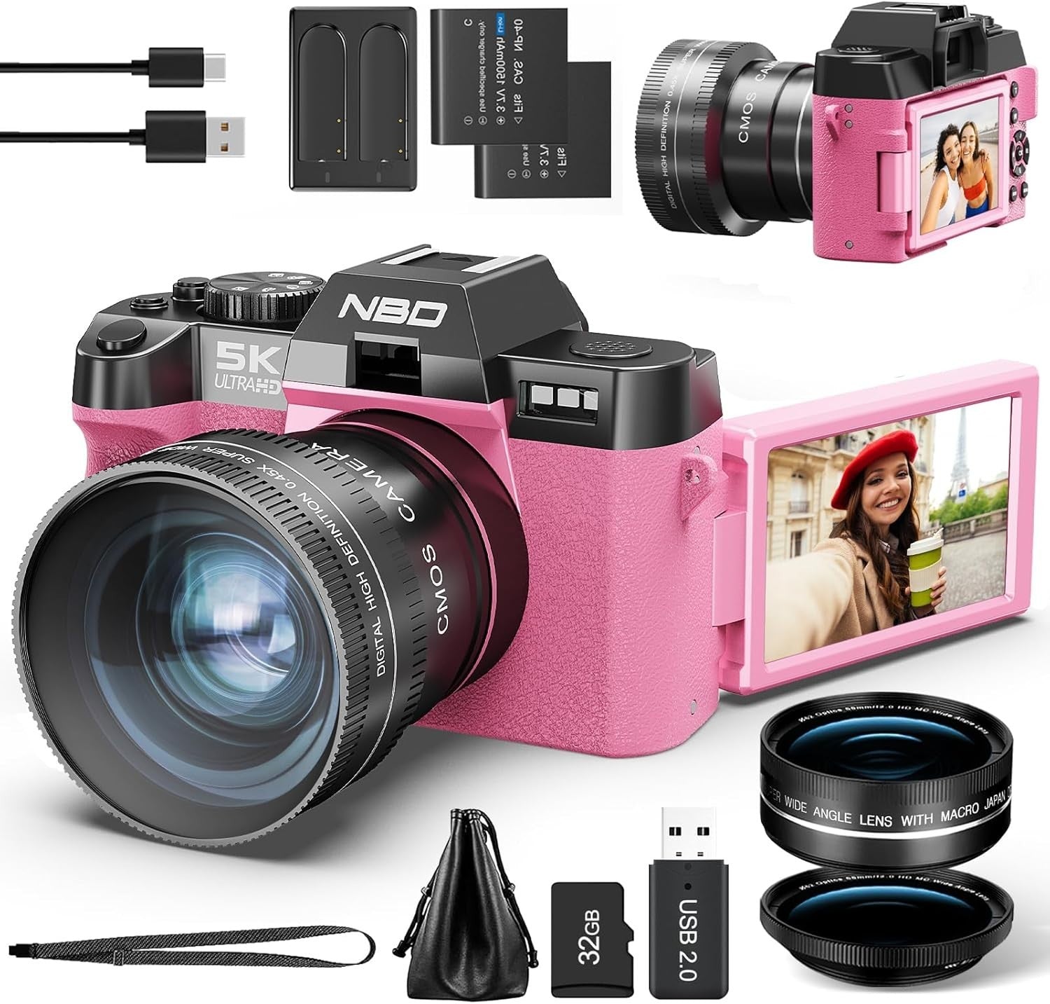 5K 64MP Vlogging Camera WiFi Flip Screen 16X Zoom Pink Kit