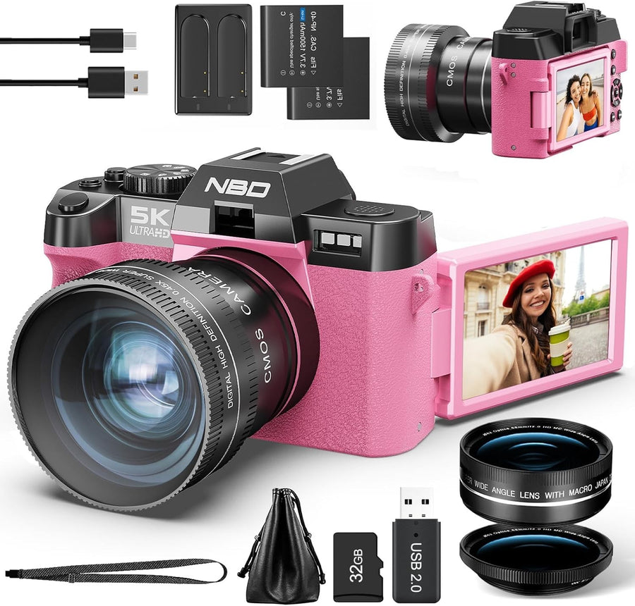 5K 64MP Vlogging Camera WiFi Flip Screen 16X Zoom Pink Kit
