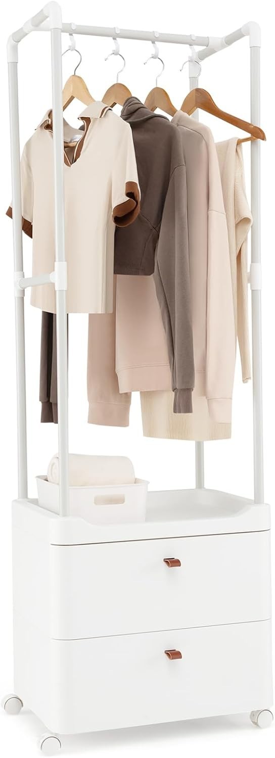 White Clothes Rail with Wheels Drawers & Hooks 160cm
