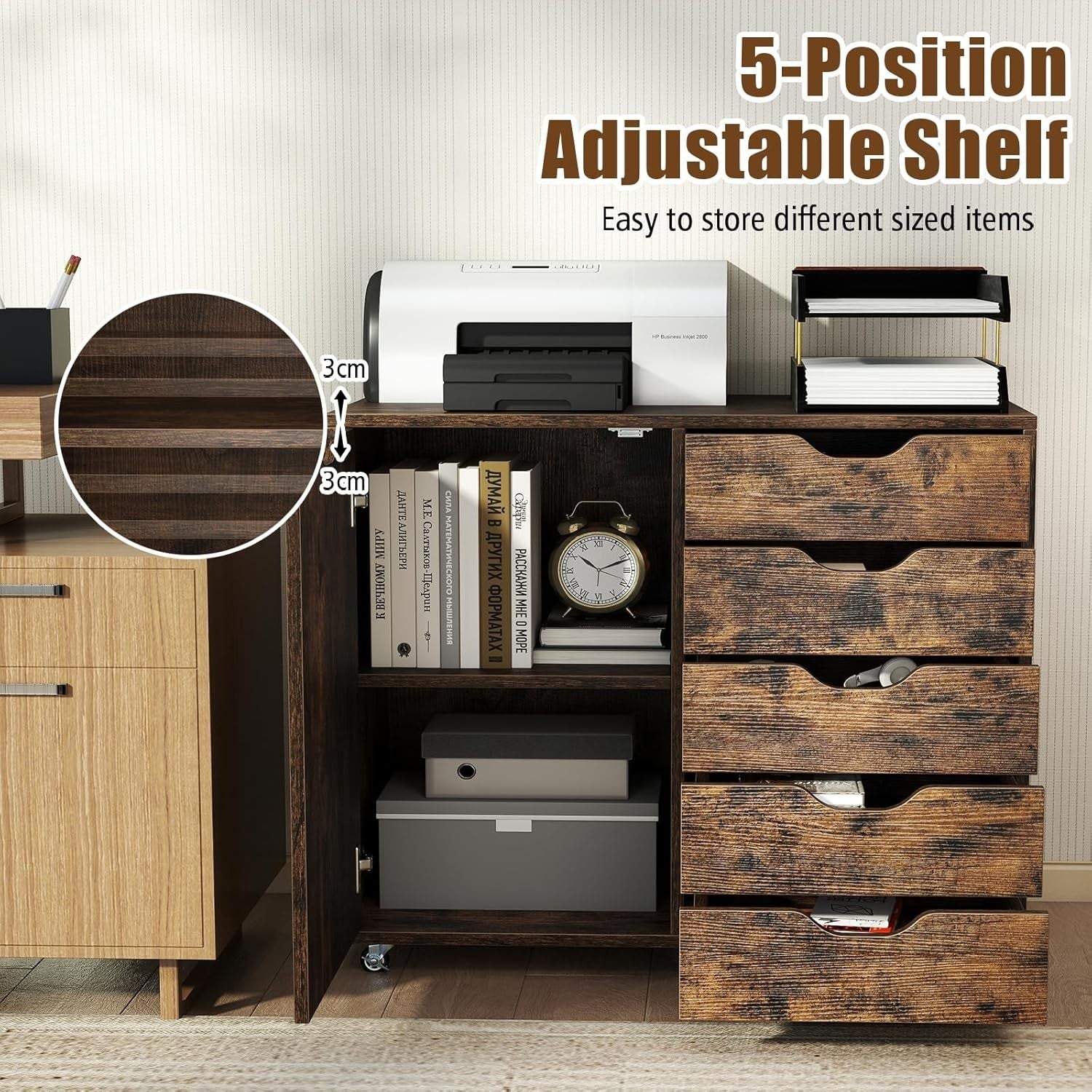Industrial Mobile 5 Drawer File Cabinet with Side Cupboard on Wheels