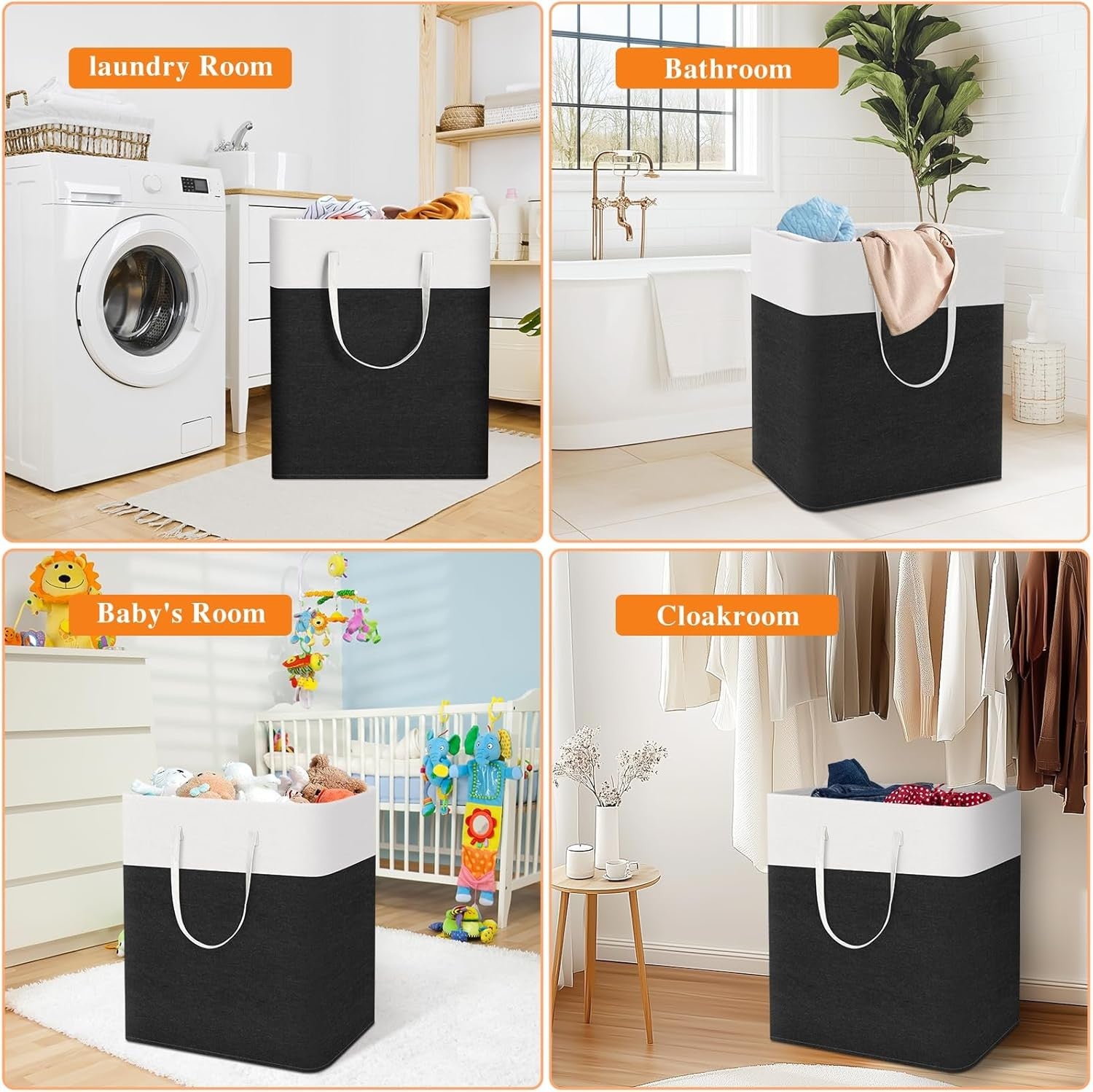 3 Pack 100L Large Laundry Hampers Foldable Clothes Storage Baskets Black