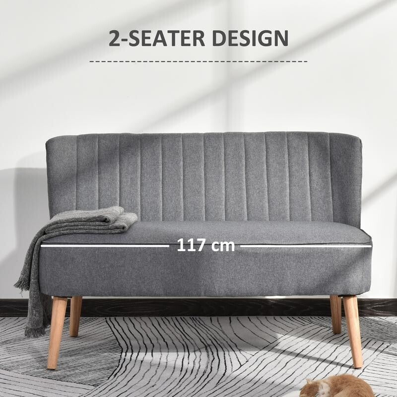 2 Seater Grey Linen Sofa Compact Loveseat Padded Upholstered Couch Wood Legs