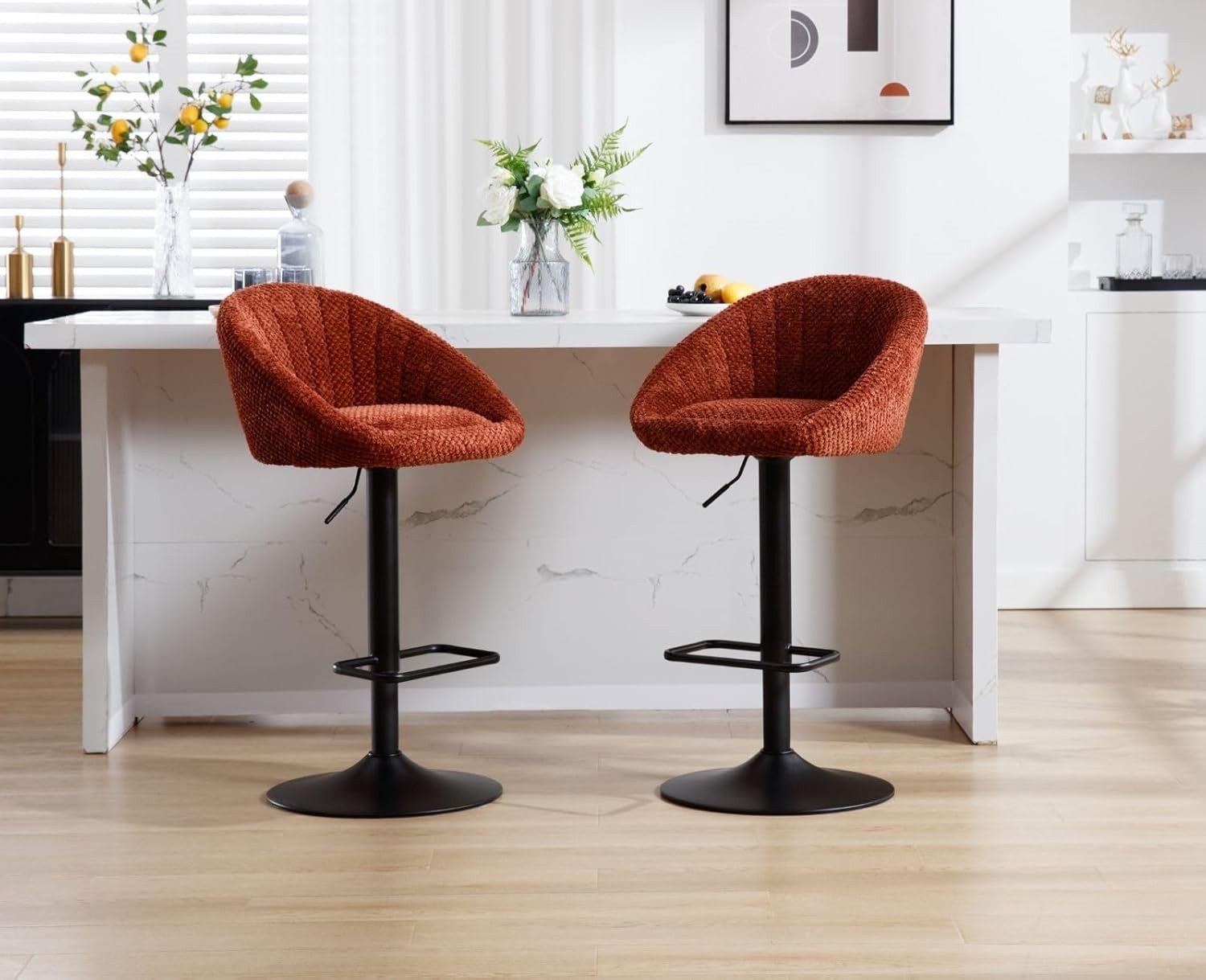 Bar Stools Set of 2 | Brown L-Shaped Adjustable PU Counter Chairs