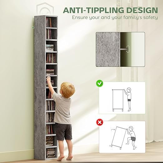 Tall CD Storage Tower 12-Cube Bookcase Slim Shelf Unit 175cm Modern Grey