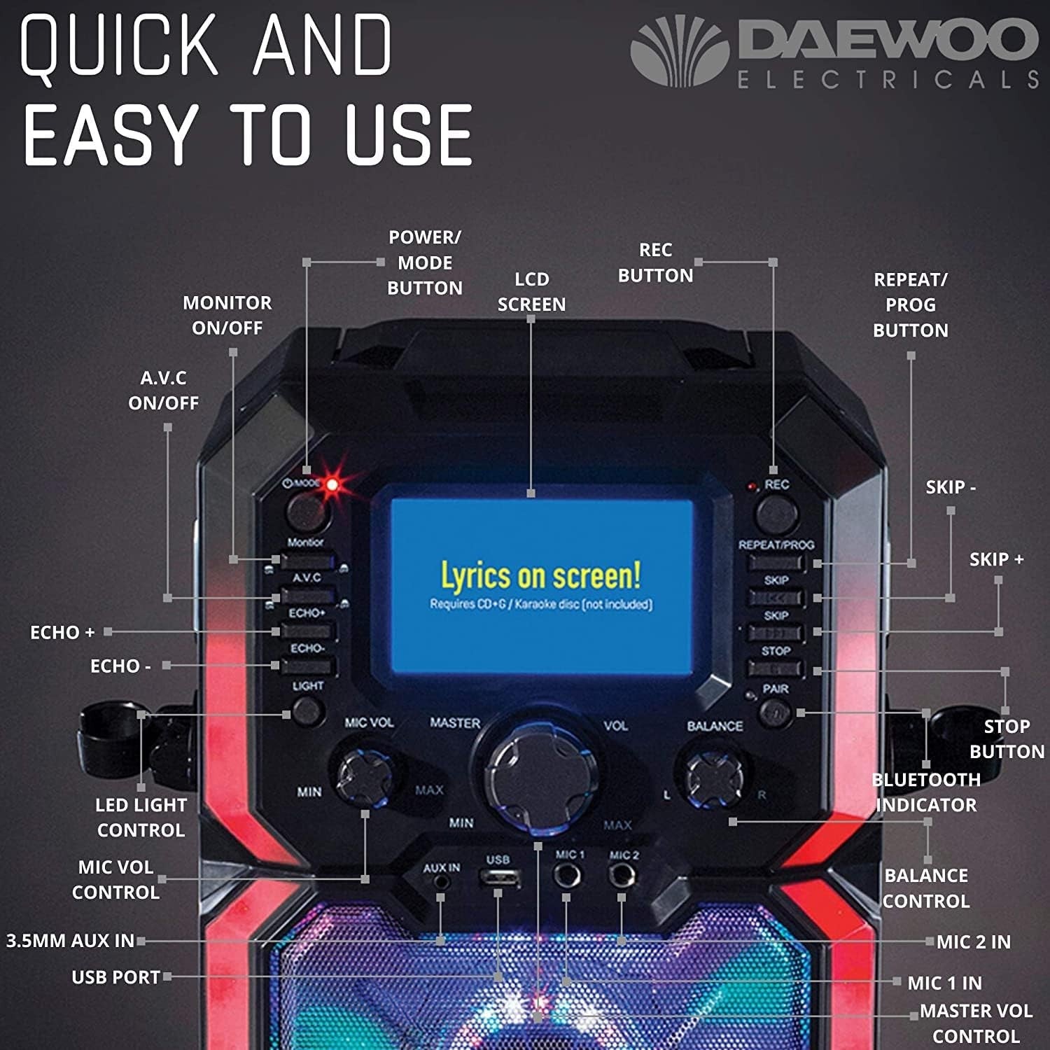 Daewoo AVS1302 Bluetooth Portable Karaoke Machine 2 Mics CD USB LED