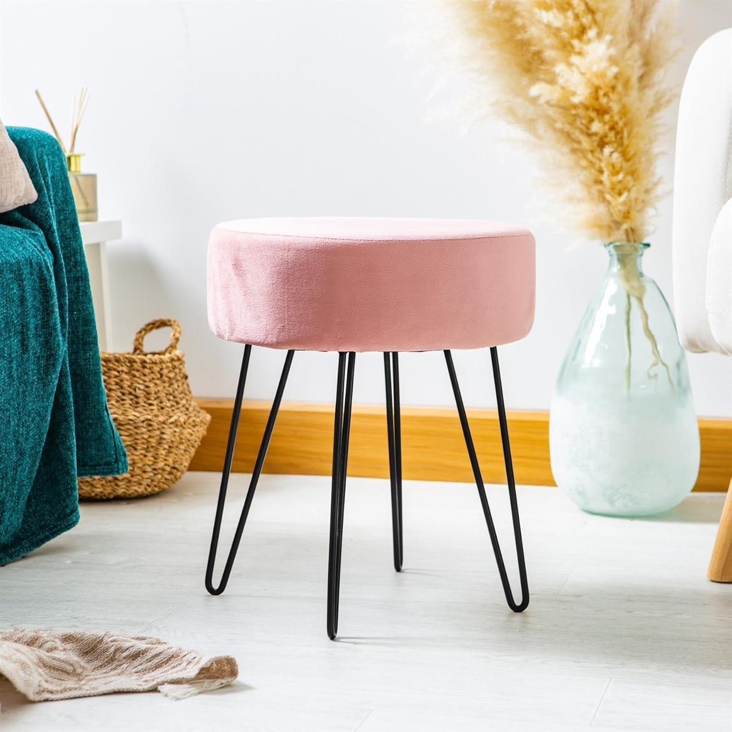 Pink Velvet Round Footstool with Black Metal Legs – Modern Dressing Table Seat