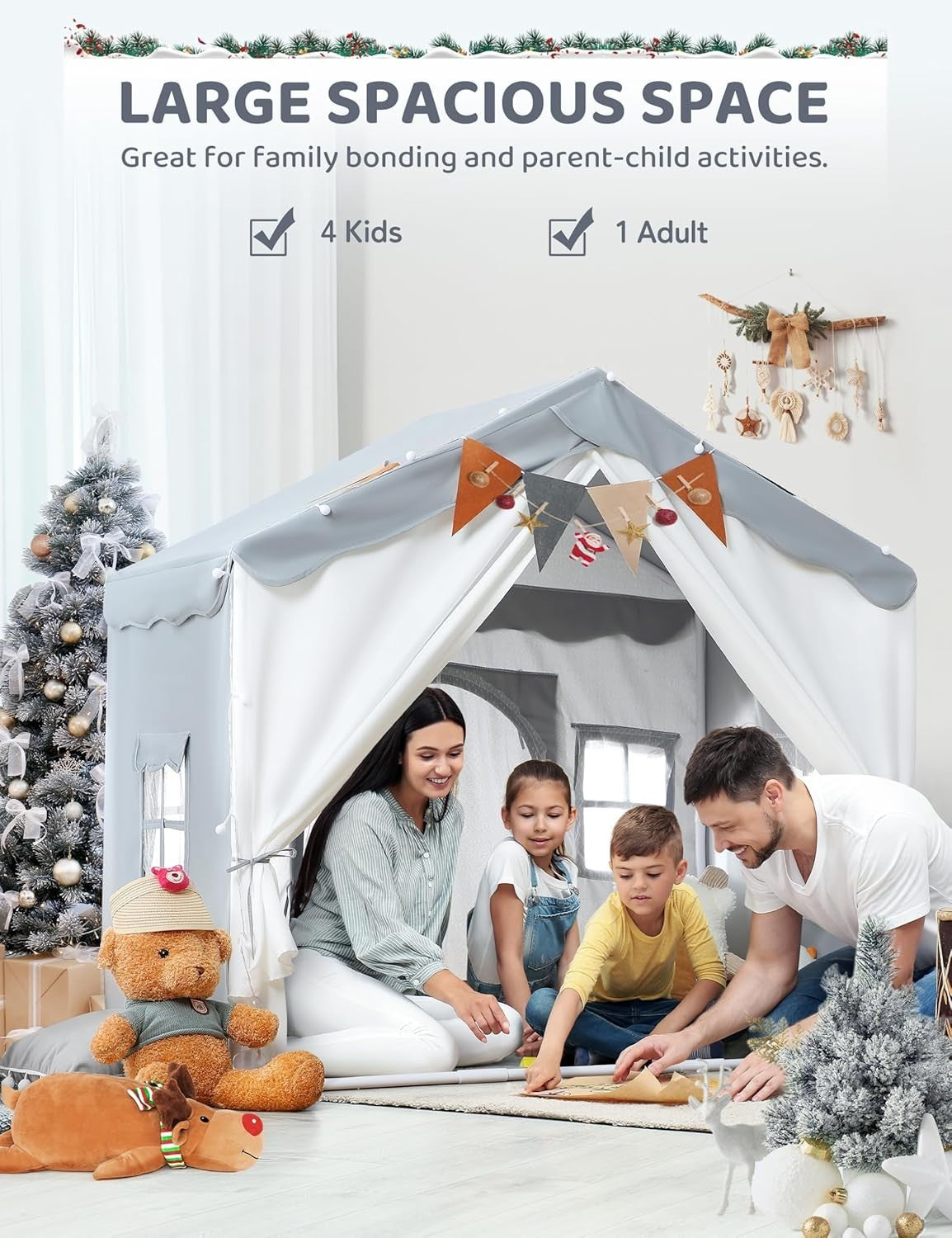 Grey Kids Play Tent Bed Canopy with Lights Padded Indoor Castle