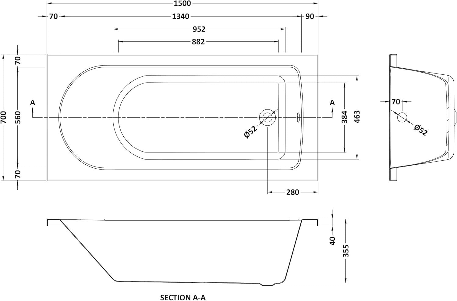 1500x700mm Single Ended Round Shower Bath Gloss White Acrylic Soaking Tub