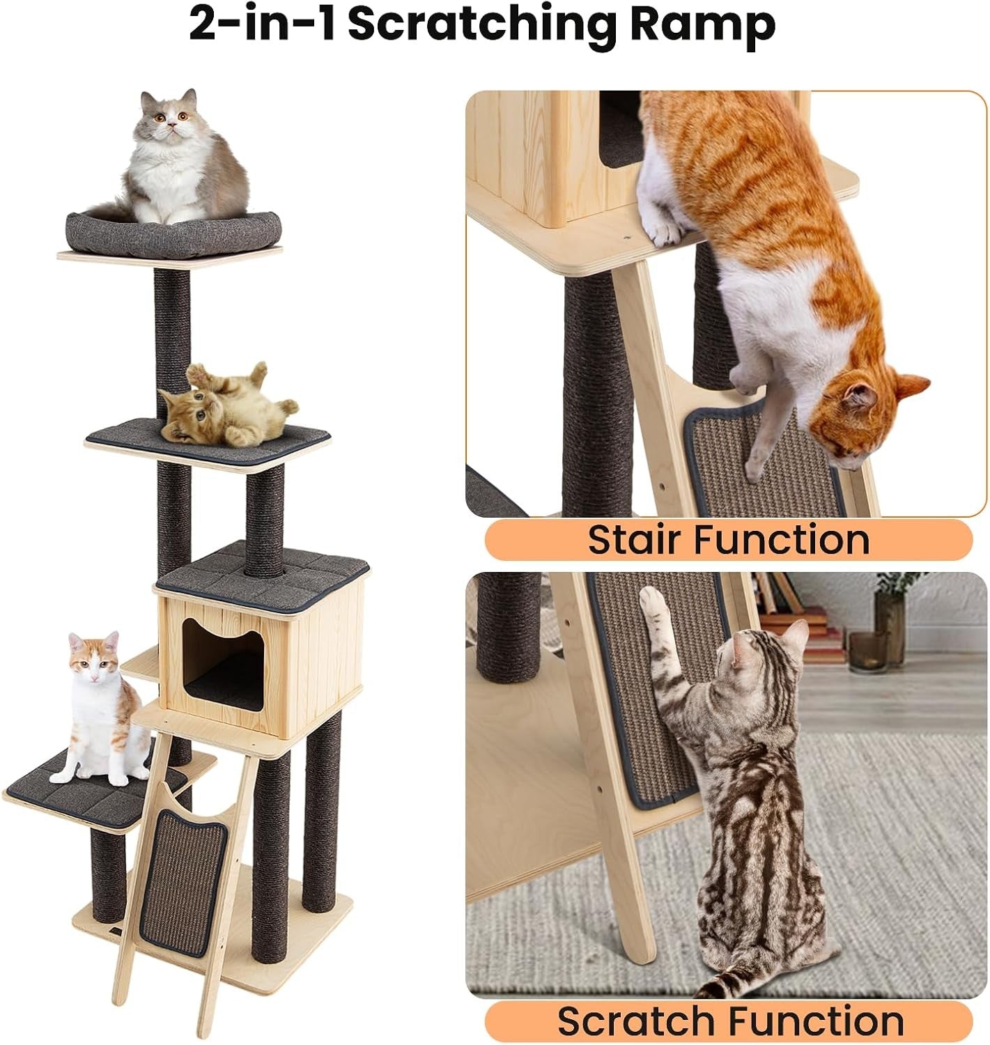 175cm Tall Wooden Cat Tree Multi Level Scratching Tower with Condo & Perch