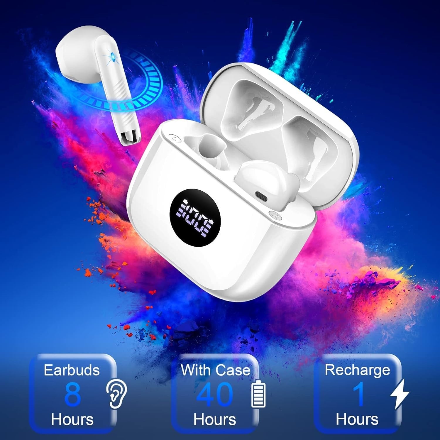 Bluetooth 5.4 White Earbuds ENC Mic 40H Deep Bass LED Touch IP7