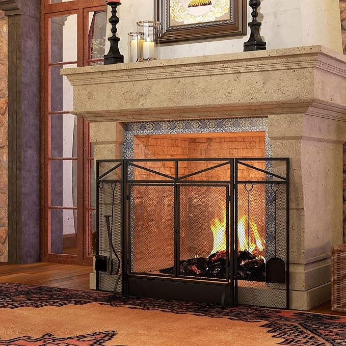 3 Panel Folding Fire Screen with Fireplace Tools & Doors – Freestanding Spark