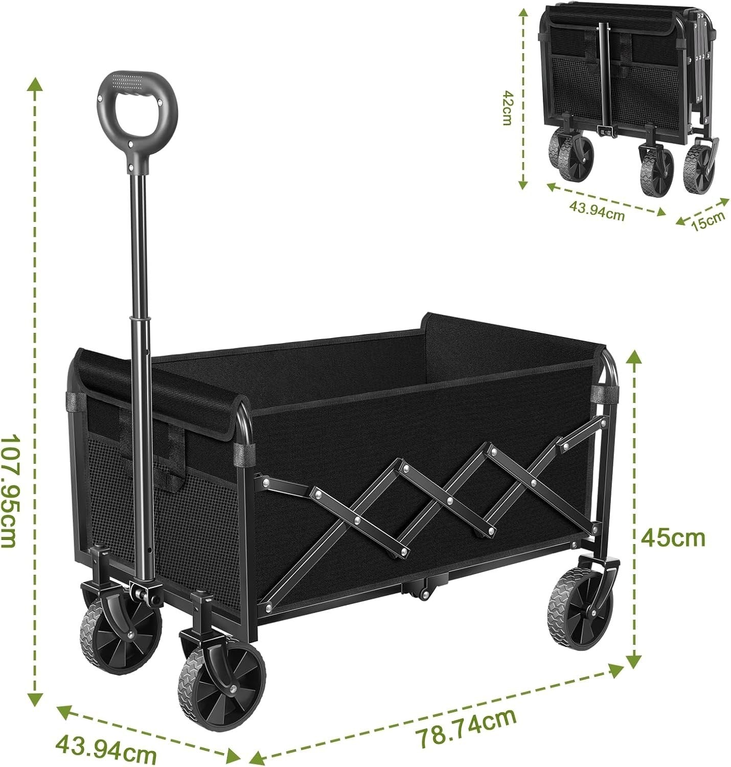 Black 120L Folding Festival Wagon 360° All-Terrain Wheels 160kg Camping Trolley