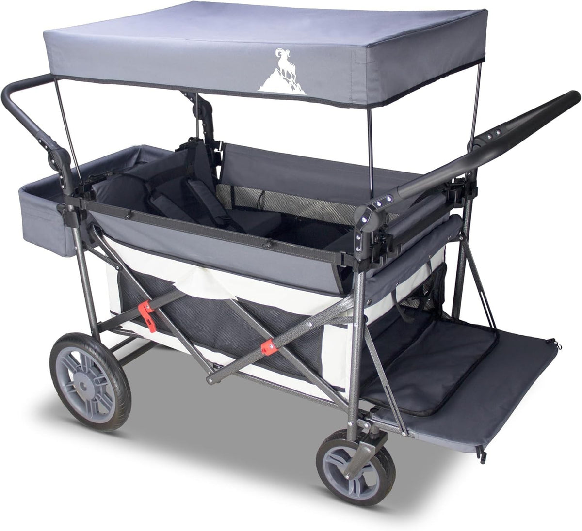 Grey/Beige Folding Wagon w/ Canopy 2 Seats Heavy Duty Collapsible Cart 120kg
