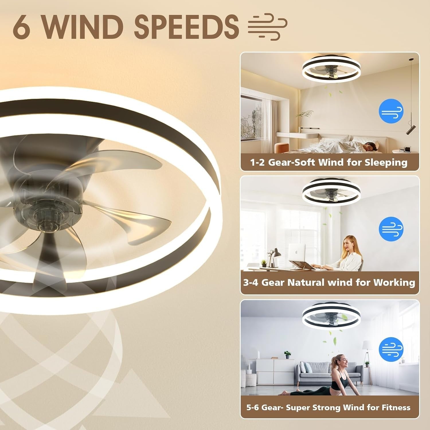 50cm LED Ceiling Fan Light Black, 6 Speeds Quiet Remote, Dimmable Modern