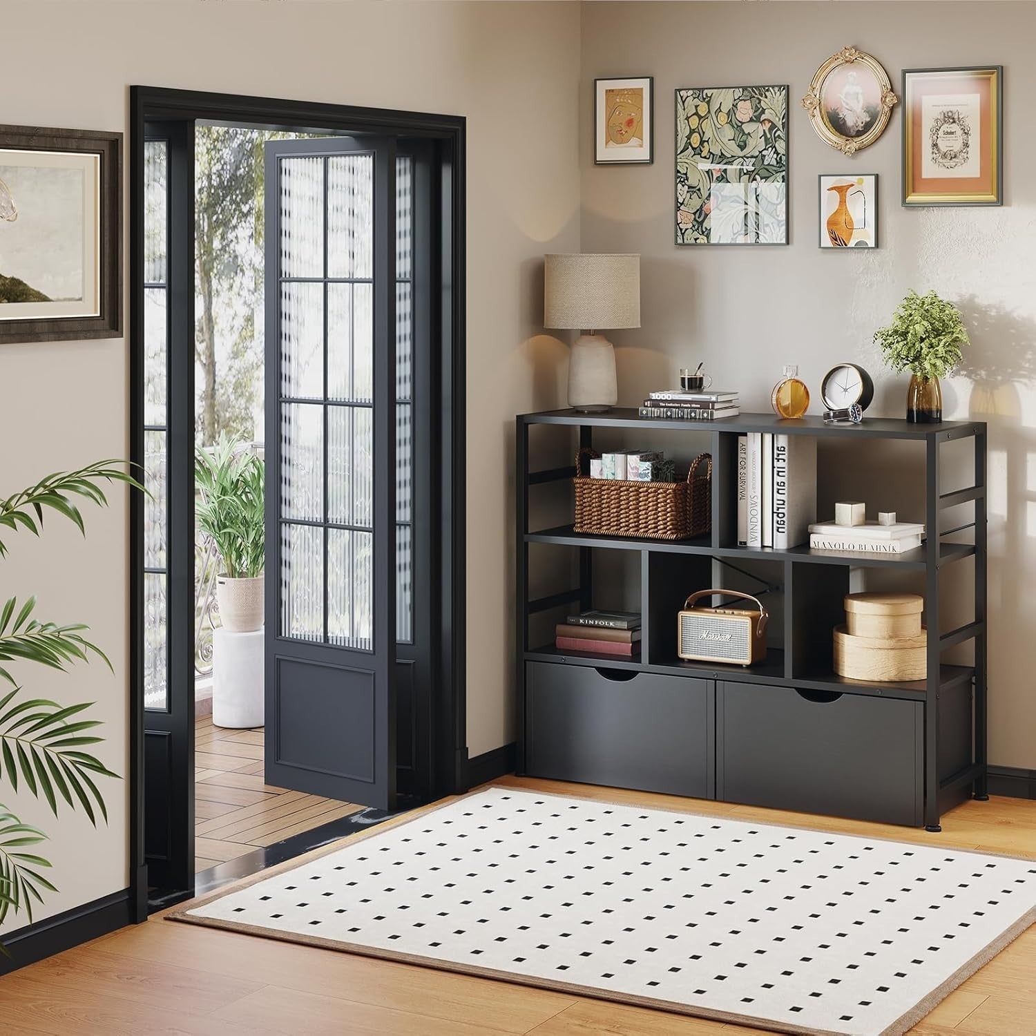4 Tier White Bookcase with 2 Drawers Modern Storage Shelf for Living Room Black