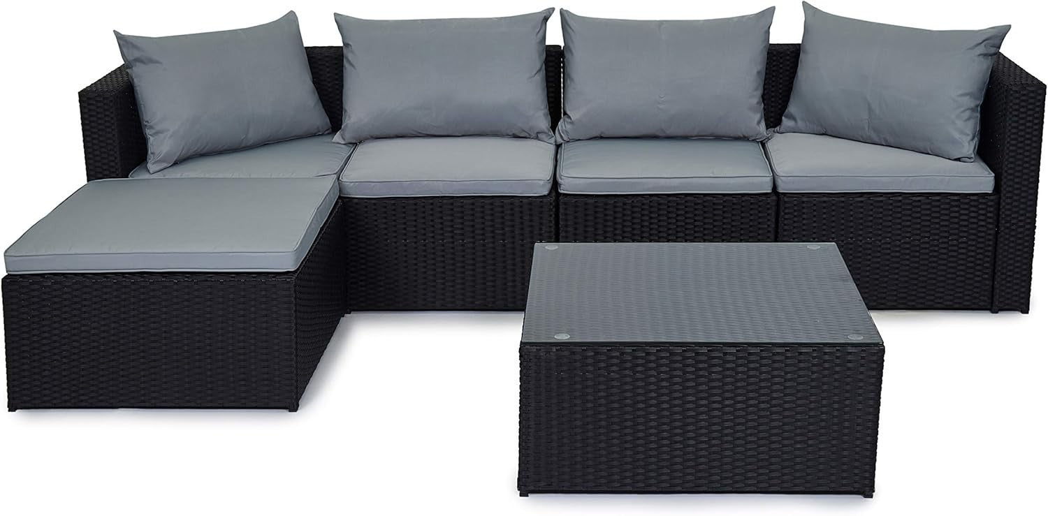 Black 6-Piece Outdoor Rattan Garden Sofa Set Modular Patio Couch with Cushions