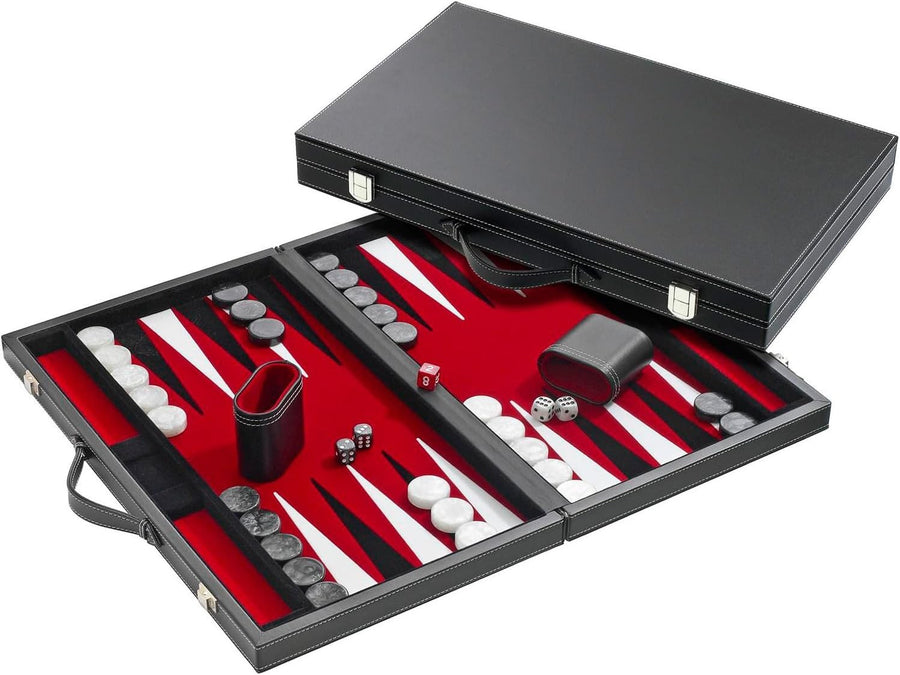 Backgammon Set 18.5 Inch Folding Board Black Case Red Felt Accessories