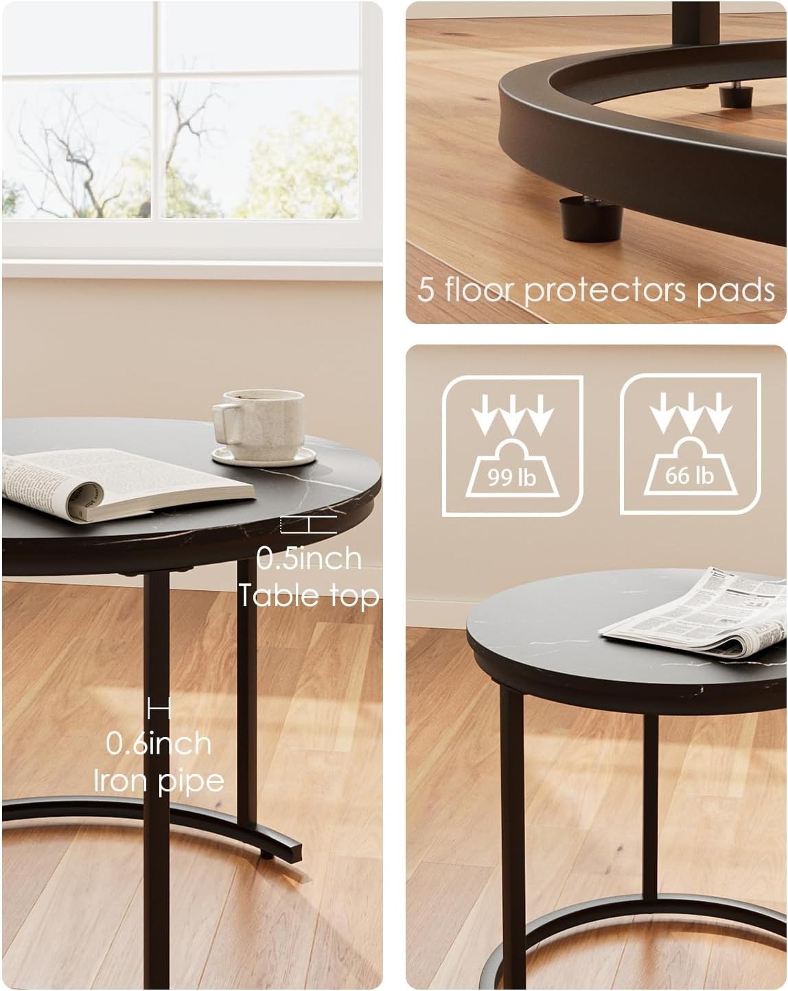 Round Nesting Coffee Tables Set of 2 – Grey Top Black Frame, Space- Black
