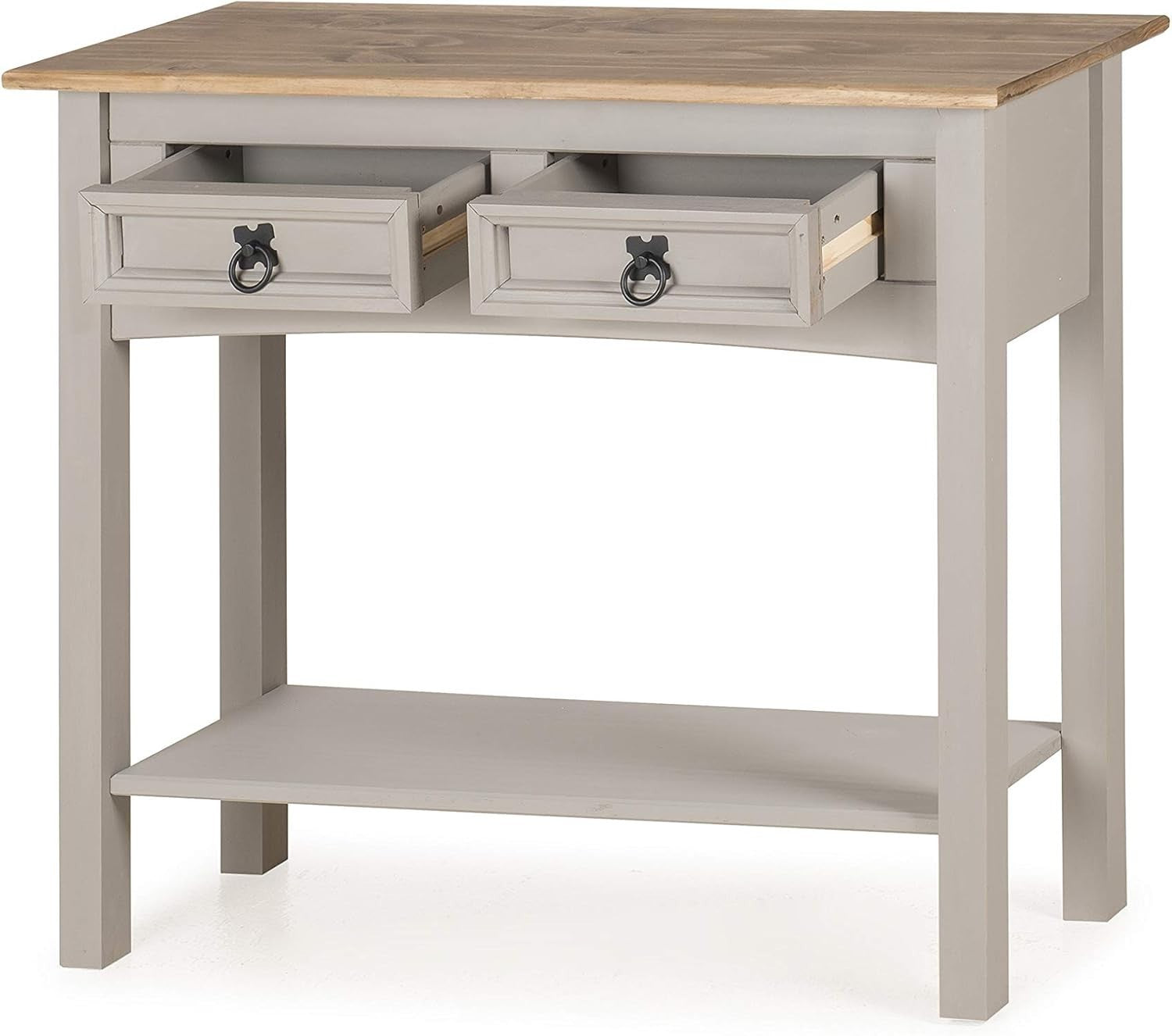 Grey 2 Drawer Console Table with Wax Finish, Solid Pine, Distressed Look