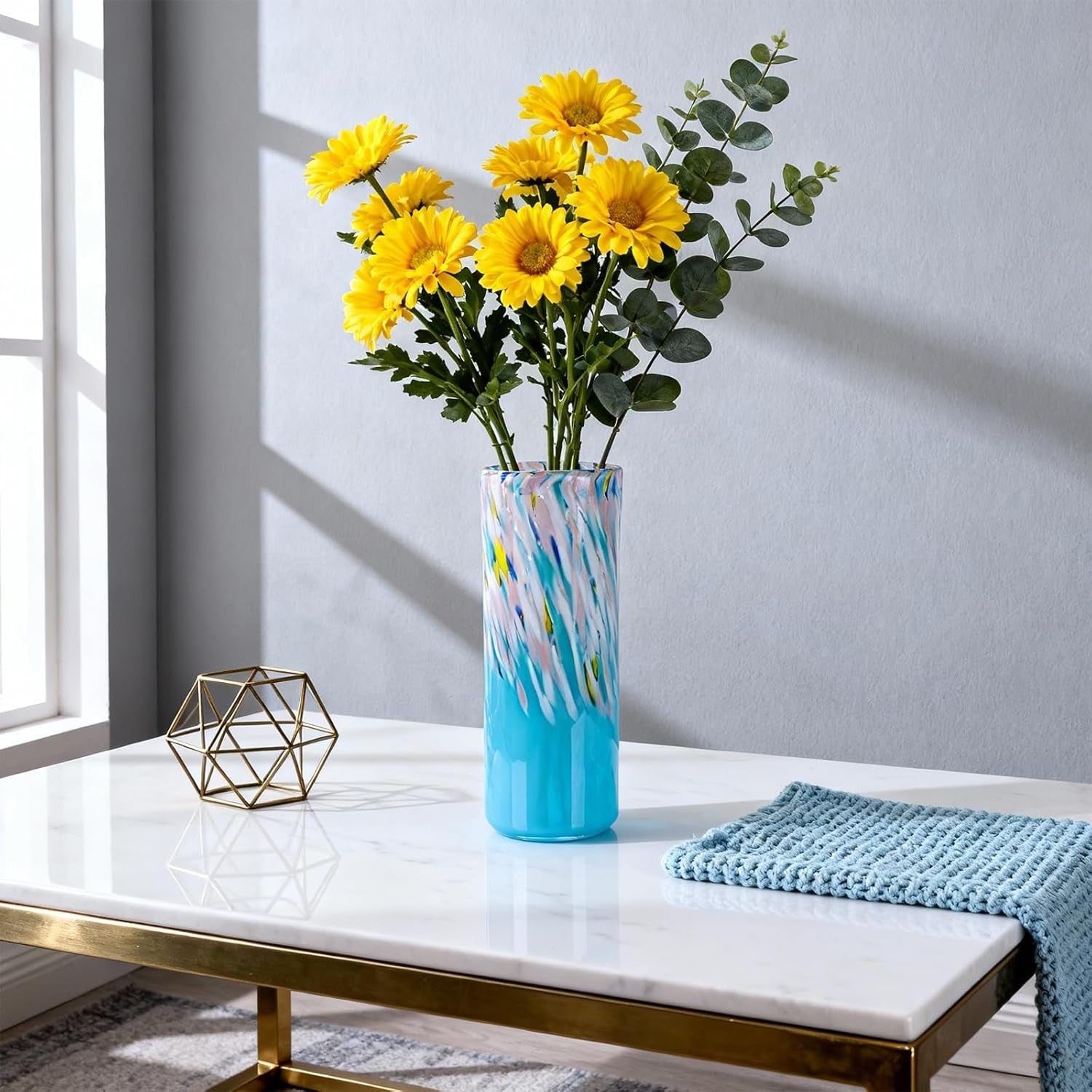 Hand Blown Blue Glass Vase 24cm Tall Modern Flower Centerpiece Decor