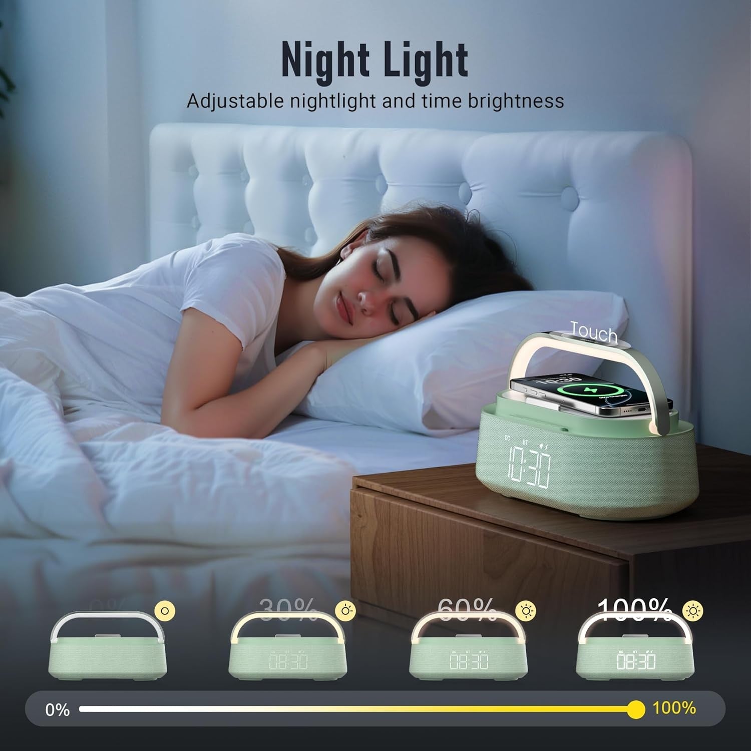 Green Bluetooth Speaker Alarm Clock Wireless Charger LED Night Light Radio