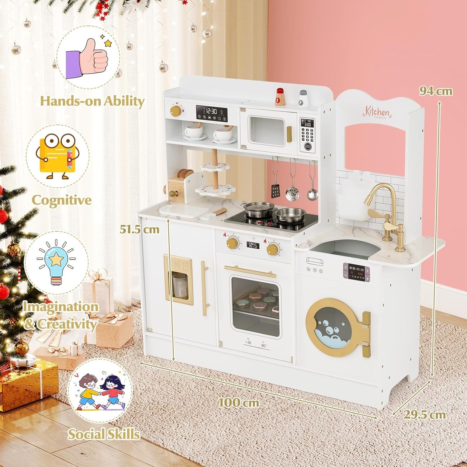 Kids Wooden Play Kitchen Light Sound Coffee Machine White Toy Set