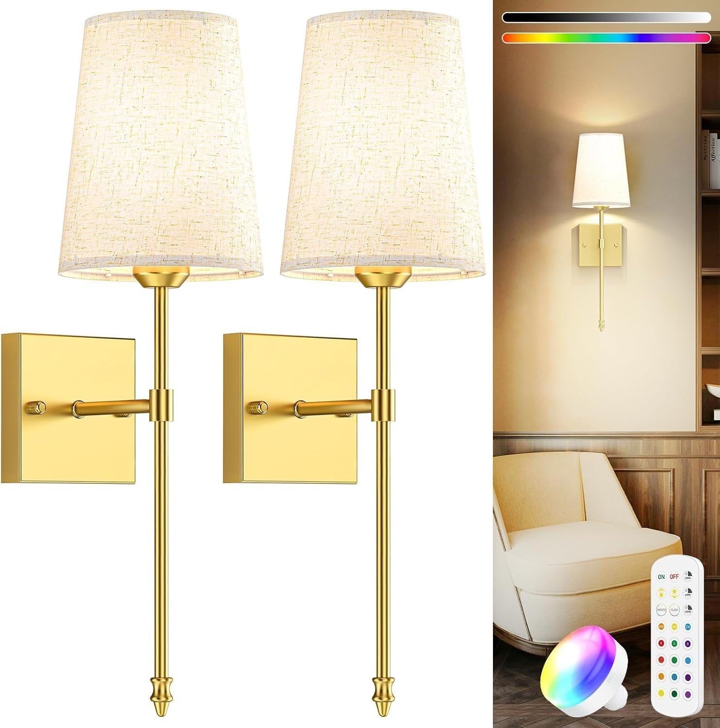 Battery Wall Sconces Gold Set of 2 | Remote Dimmable 3-Tone Light + Timer