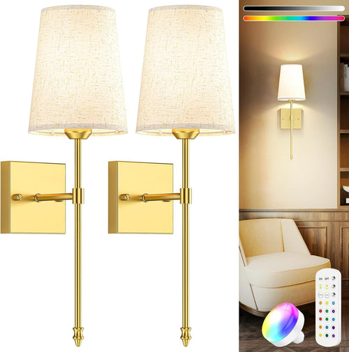 Battery Wall Sconces Gold Set of 2 | Remote Dimmable 3-Tone Light + Timer