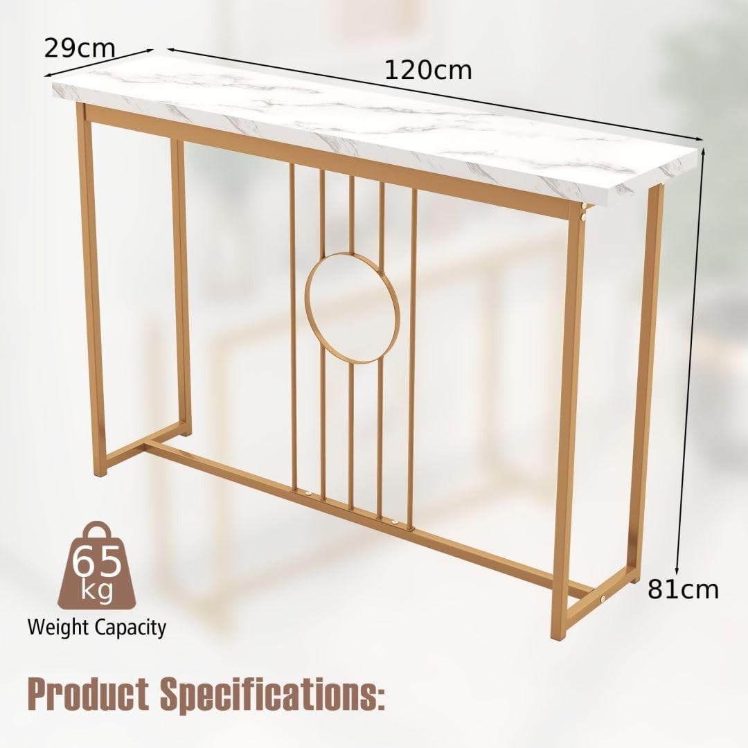 Slim Faux Marble Console Table with Gold Frame, Anti-Tip Safety