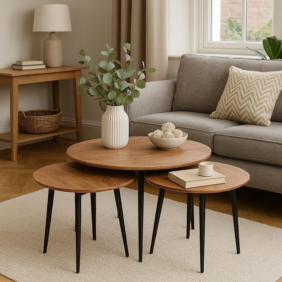 3-Tier Nesting Coffee Table Set Acacia Wood Metal Frame Round Natural Finish