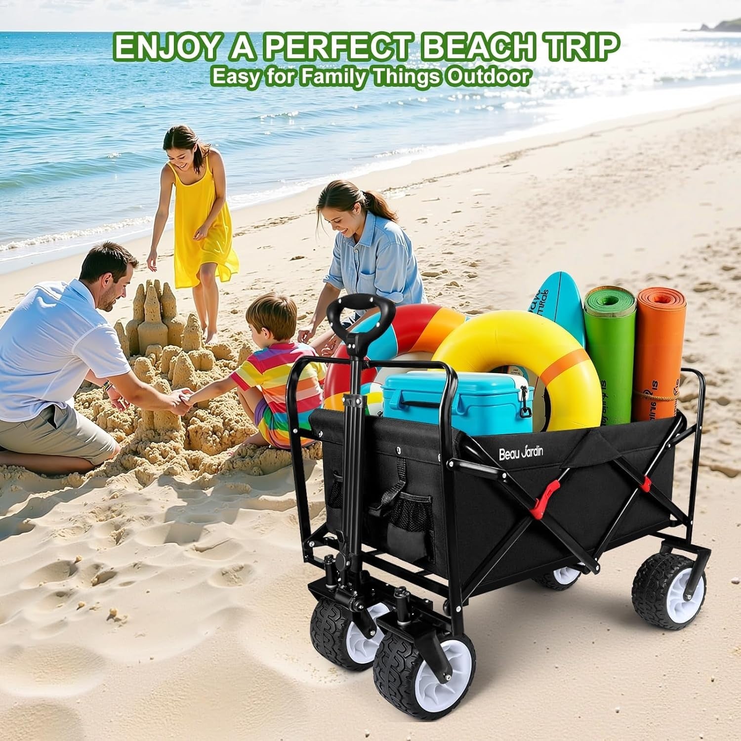 Heavy Duty 460lbs Folding Wagon 260L Collapsible Cart w/ All-Terrain Wheels