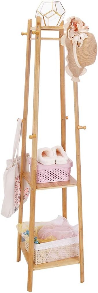 Bamboo Coat Rack with Shelves | Freestanding Hall Tree with 8 Hooks & 3 Tiers