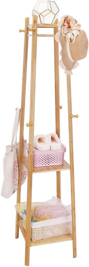 Bamboo Coat Rack with Shelves | Freestanding Hall Tree with 8 Hooks & 3 Tiers