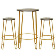 3Pc Gold Bar Table & Stool Set – Hairpin Legs, Elm Top, Modern Design