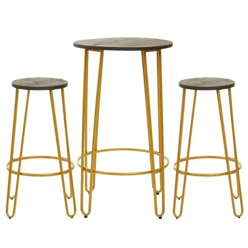 3Pc Gold Bar Table & Stool Set – Hairpin Legs, Elm Top, Modern Design